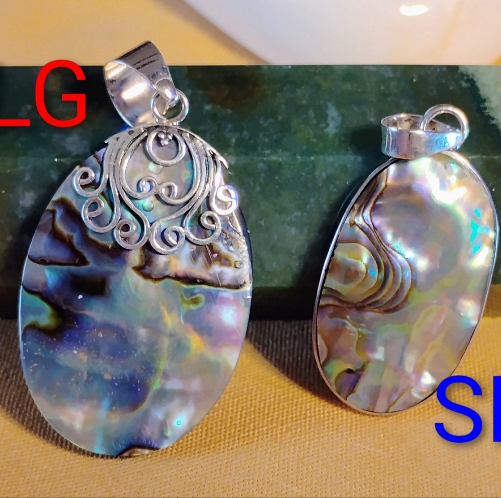 MOTHER/DAUGHTER SET ABALONE STERLING PENDANT. 2- NECKLACE $42./16 & 18 INCH. CH